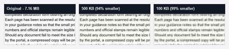 A scanned letter at original quality, compressed to 500KB and compressed to 100KB